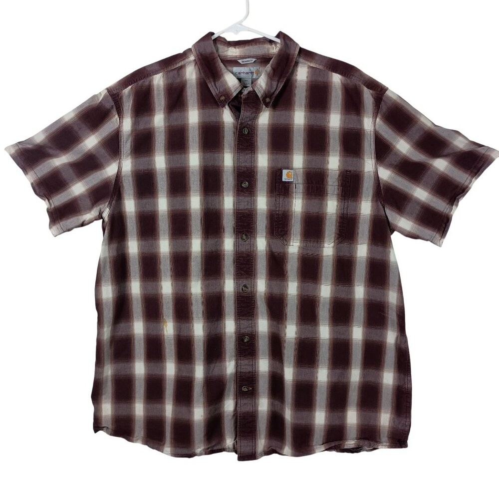 Carhartt Relaxed Fit Plaid Shirt 2XL Brown Short Sleeve Button Front Workwear